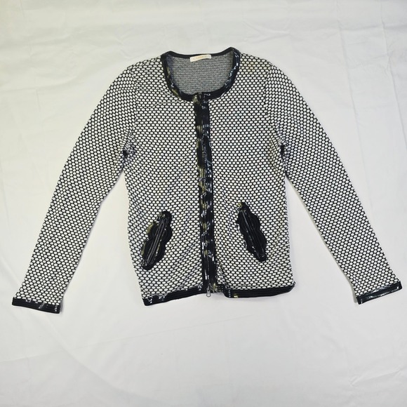 Caprice Sweaters - Caprice Honeycomb Knit Zip Front Cardigan Women's Large Black White Patent Trim